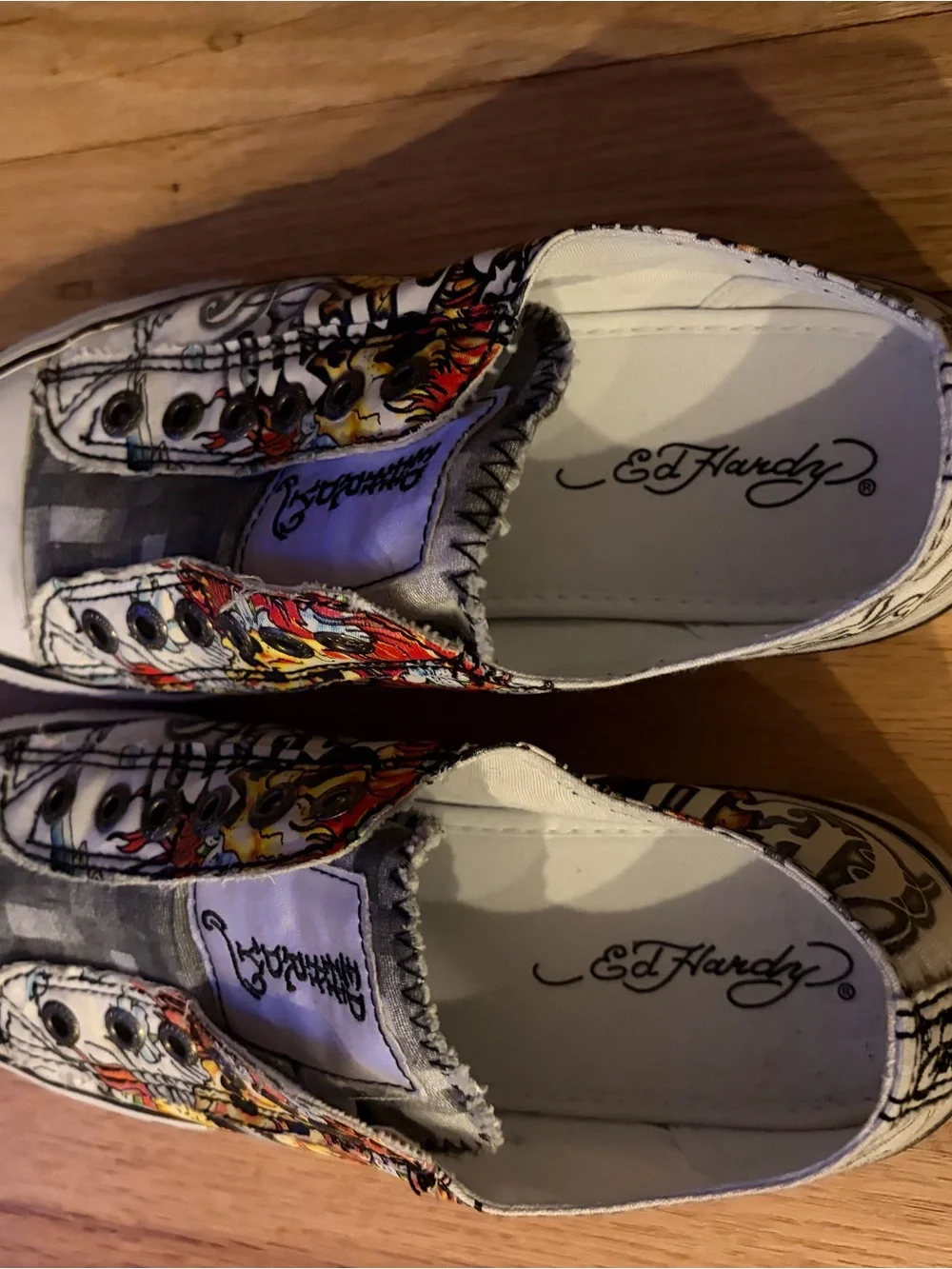 Slip-On Ed Hardy Canvas Sneakers with Floral Detail - White/Multicolor